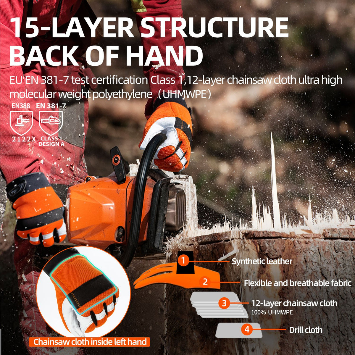 Vgo Chainsaw Work Gloves Saw Protection on Left Hand Back (GA8912