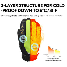 将图片加载到图库查看器，VGO 2 Pairs 41℉ or Above Winter Leather Gloves High Dexterity Cold Storage Work Gloves,Touchscreen (Black&amp;Fluorescent Green,AL8772)