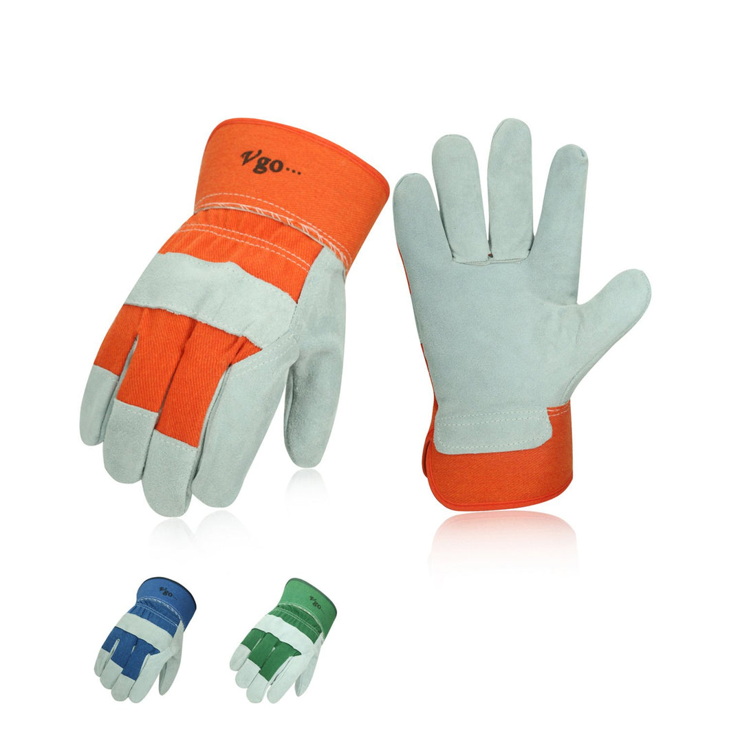 Vgo... 3Pairs Cow Split Leather Men's Work Gloves with Safety Cuff (Blue&Orange&Green, CB3501-3C)